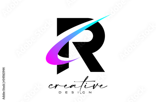 R Letter Logo Design with Creative Purple Blue Swoosh. Letter r Initial icon with curved shape vector