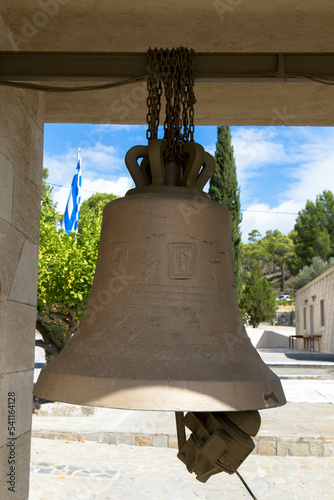 Bronce bells hangs in front of the Moni Thari monastery.
The monastery is one of the most important religious monuments on the island of Rhodes. Laerma, Rhodes, Dodecanese, photo