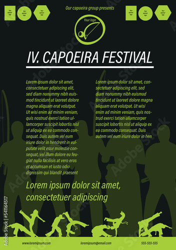Black and green capoeira event banner, poster, background. Vector illustration template print for capoeira festivals and trainings with music instruments and capoeira movements.