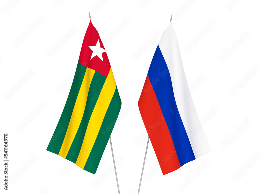 National fabric flags of Russia and Togolese Republic isolated on white background. 3d rendering illustration.