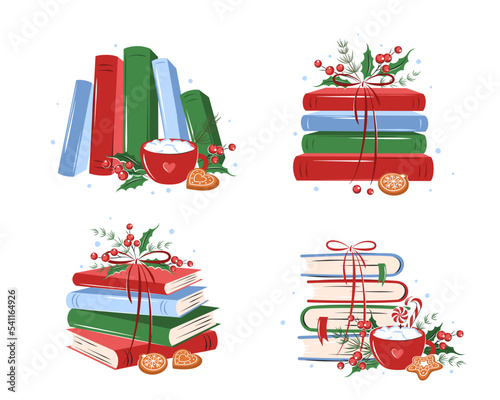 Books, cup coffee or cocoa with winter leaves, berries, cookies and sweets. Set of reading elements for  bookshop, library, bookstore or education. Vector illustration on white background

