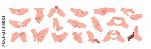 Two hands holding together set. Human fingers, couple and kid-parent palms touching, gesturing. Support, love relationship concept. Flat graphic vector illustrations isolated on white background photo