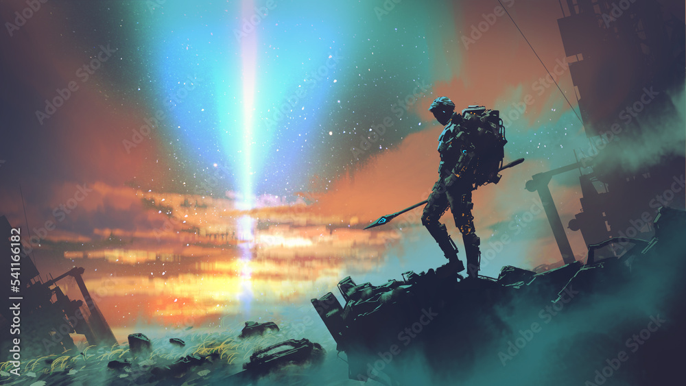 futuristic man standing and looking at the sky with a strange beam of light., digital art style, illustration painting