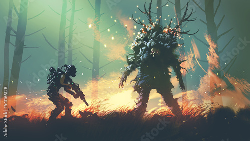 Fotografia, Obraz futuristic soldier hunting a deer monster in the forest, digital art style, illu
