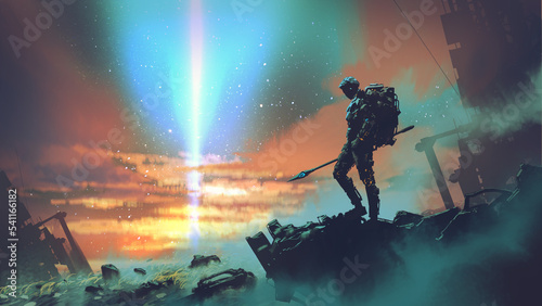 futuristic man standing and looking at the sky with a strange beam of light., digital art style, illustration painting © grandfailure