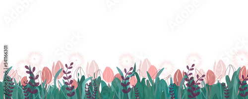 Illustration. Pattern Pink tulips, flowers, dandelions, lilac, pastel, pink tones. Summer, spring style. Design of postcards, advertising, floral, wedding design, website design
