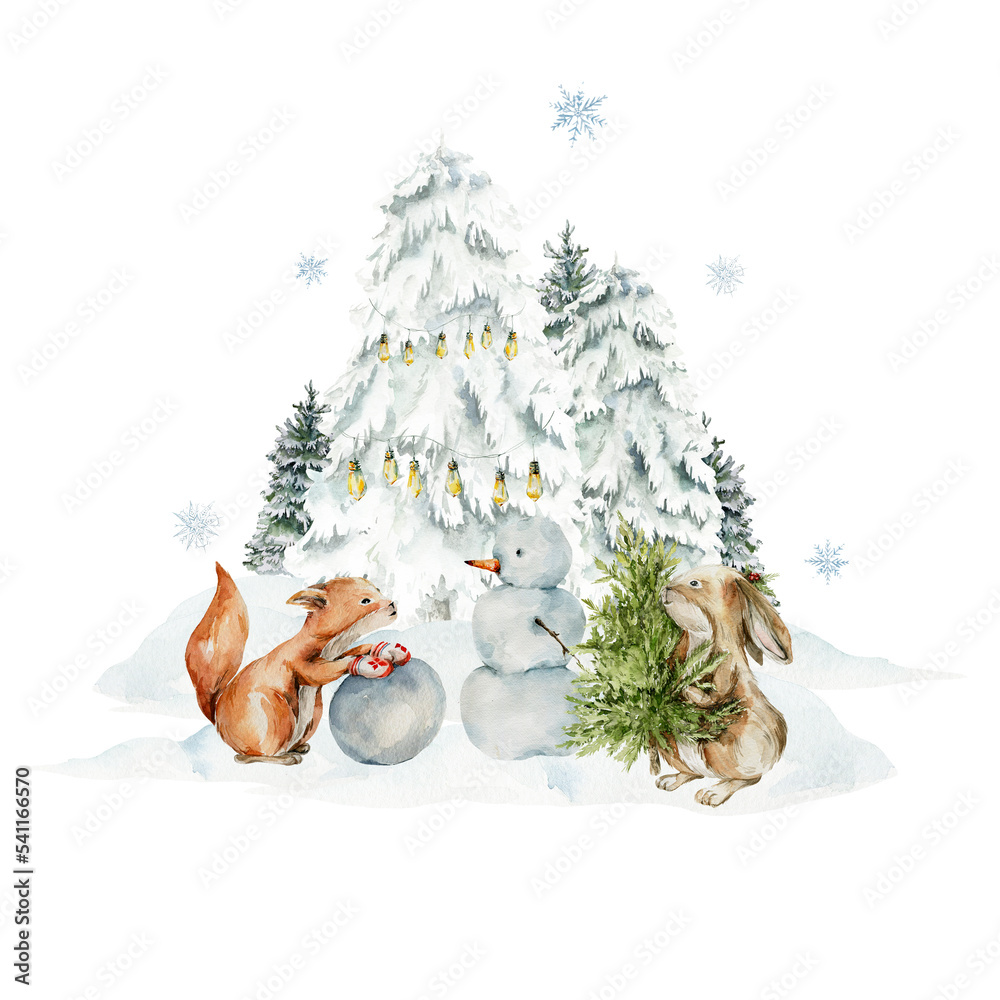 Watercolor nursery composition. Hand painted christmas woodland of cute baby animals, forest winter scene, snow, fir tree, bunny, squirrel. illustration for baby shower design, kids print, wall art