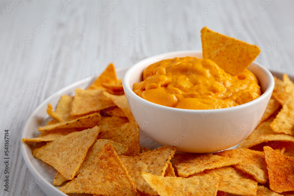 Cheese dip with tortilla chips, side view. Close-up. Cheese dip with tortilla chips, side view. Close-up.