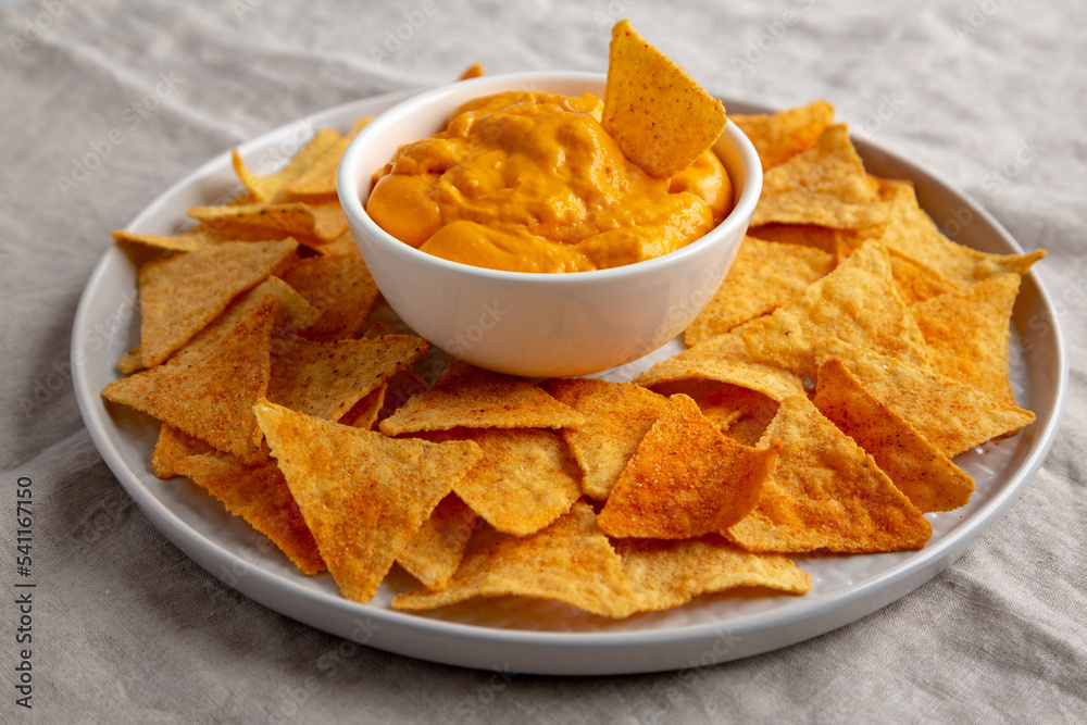 Cheese dip with tortilla chips, side view. Cheese dip with tortilla chips, side view.