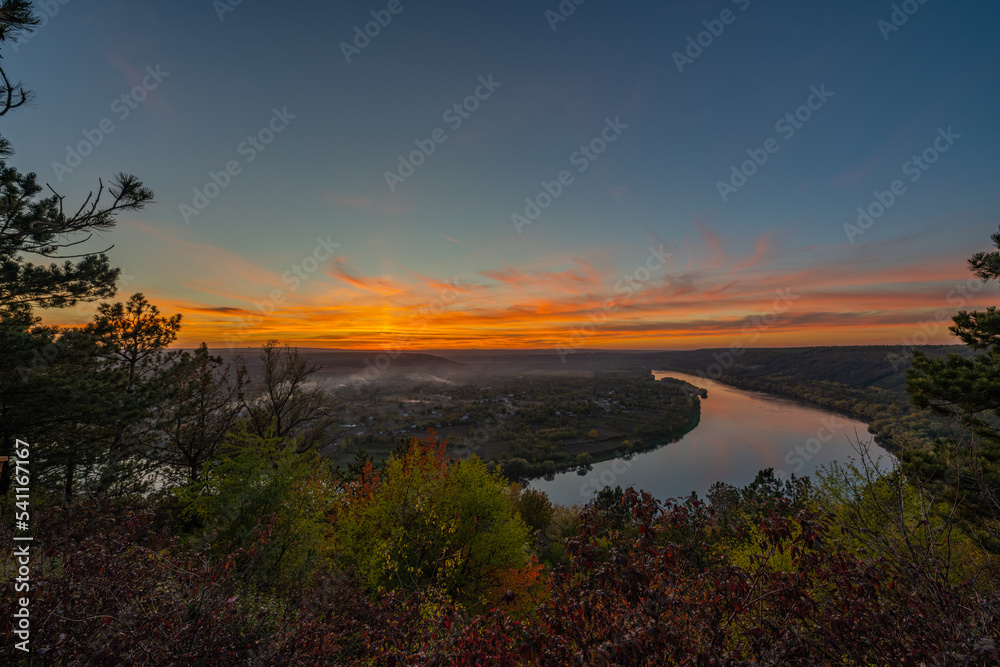 Sunset on the Dniester River in autumn