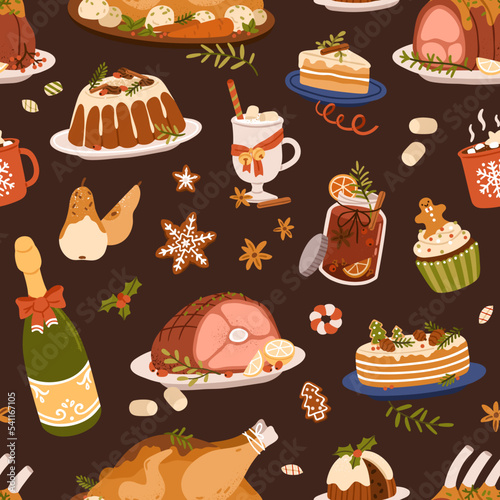 Christmas food pattern. Seamless Xmas background with traditional dishes, winter holiday meals, drinks, desserts. Repeating print with festive turkey, pudding, cake. Colored flat vector illustration