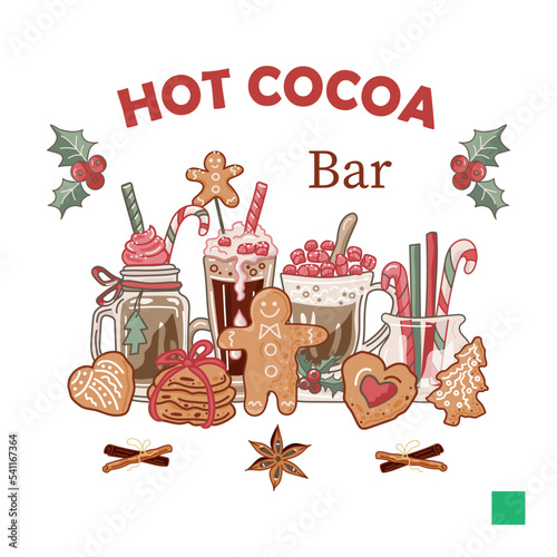 Hot Cocoa Bar with holidays cocktails and gingerbread cookies on white background. Vector illustration.