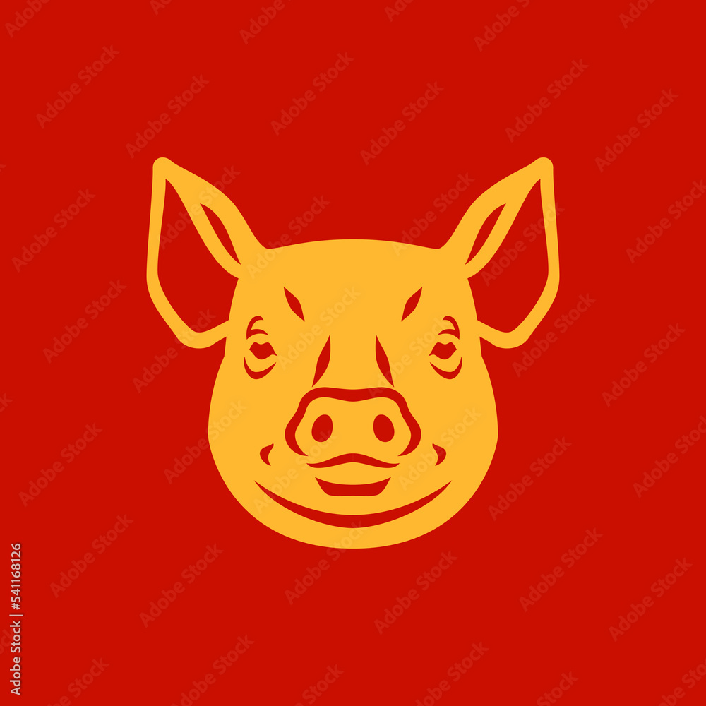 Pig muzzle golden mascot Chinese New Year monochrome icon vector flat illustration
