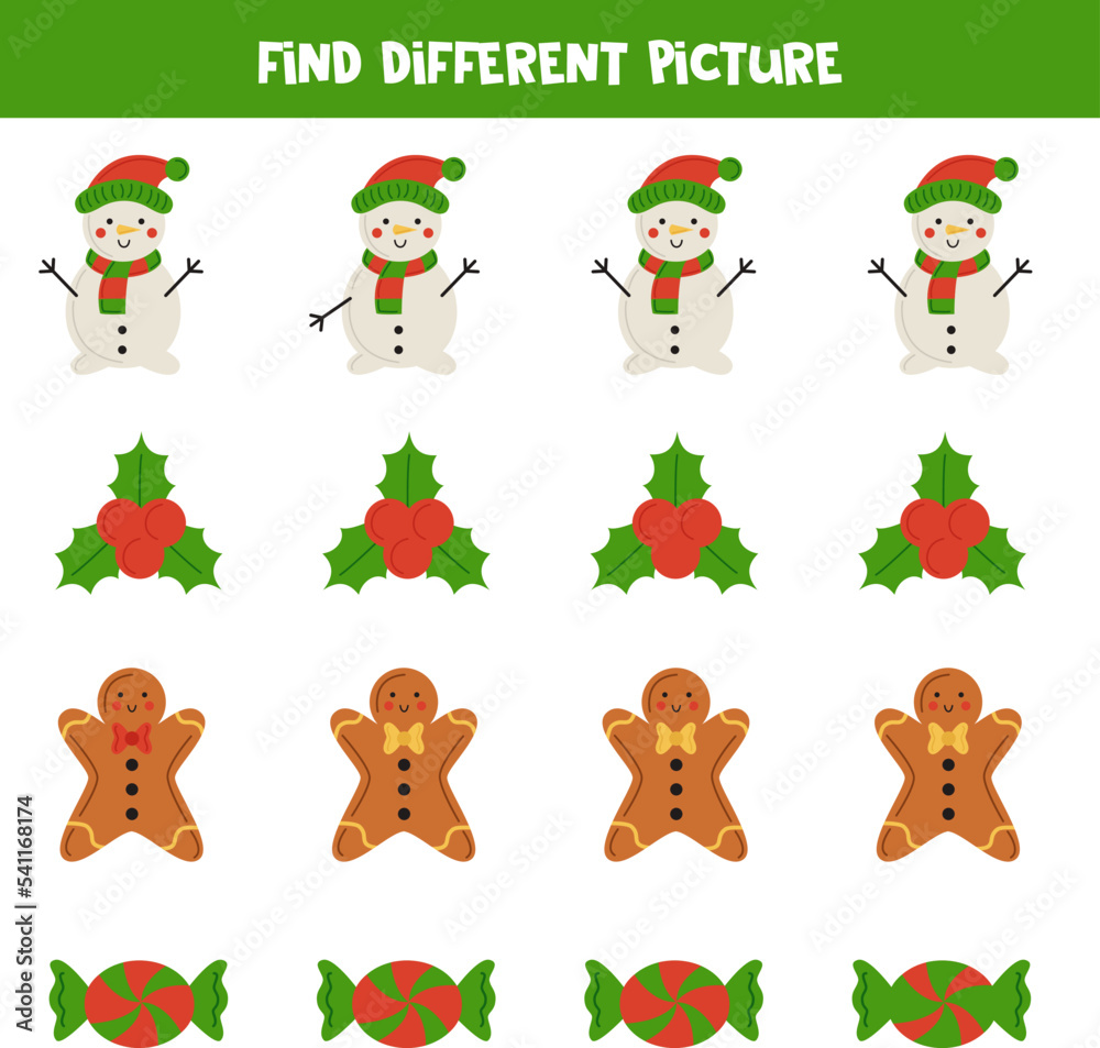 Find Christmas element which is different from others. Worksheet for kids.