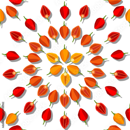 Seamless pattern with whole, and half of habanero chili peppers. Yellow, red, orange habanero. Hot chili pepper. Flat style. Vegetables. Vector illustration isolated on white background.