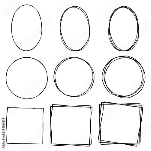 Basic black line doodle blank frame on white background. Circle Oval and Square. Single Double and Triple. Vector illustration.