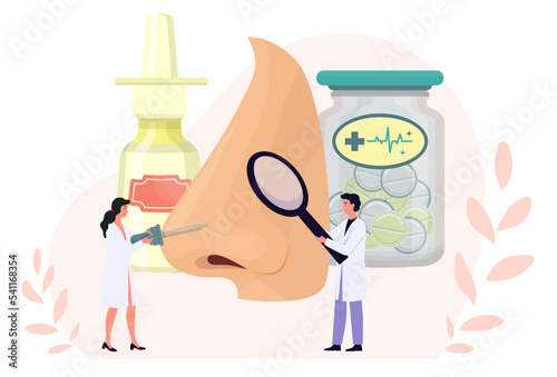 Nose disease concept. Nasal disorder treatment. Snots, running nose. Otorhinolaryngology concept. Physician appointment. Cold, rhinitis, sinusitis cure. Medical drops, medicines. Flat vector 