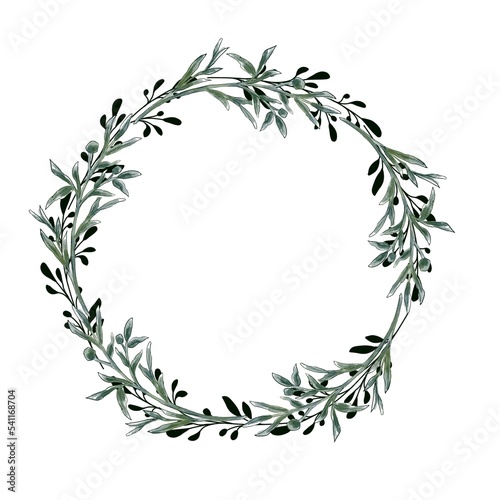 Watercolor Floral wreath. Greenery branches  Isolated on white background. Design element for invitation and greeting card