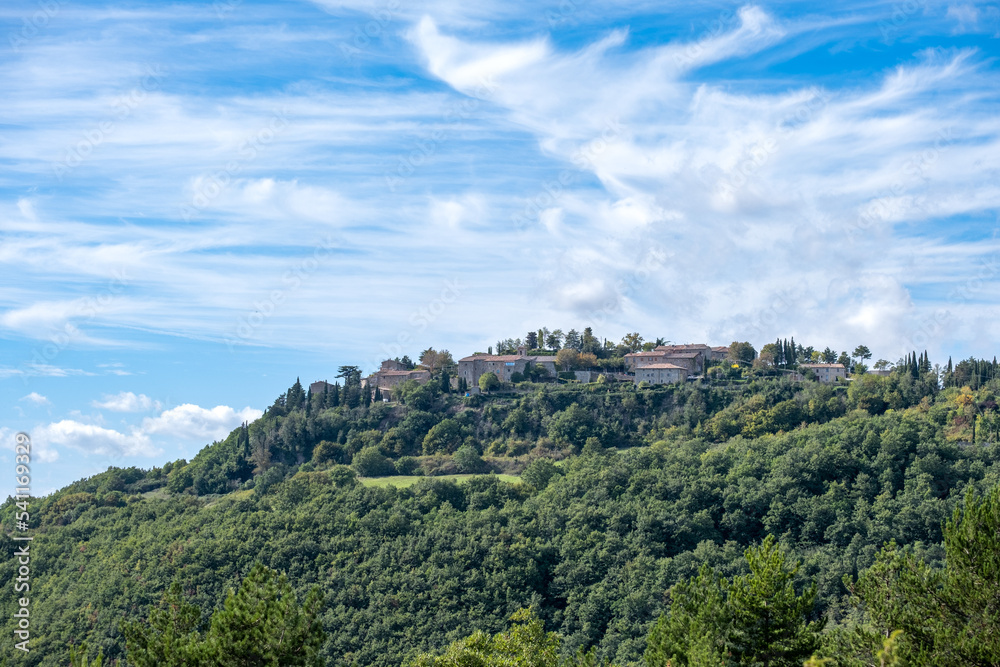 a small in village on top of a hill surrounded by green trees and a blue sky in the background