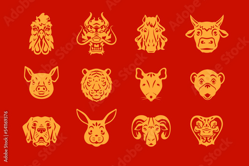 Asian horoscope animals muzzle golden monochrome icon set vector flat illustration