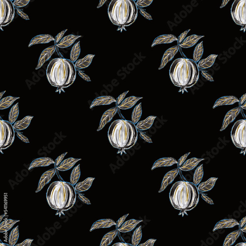 Creative seamless pattern with fruits: lemons, oranges, grapes and pomegranat...