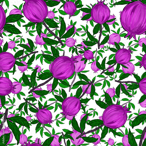 Creative seamless pattern with fruits: lemons, oranges, grapes and pomegranat...