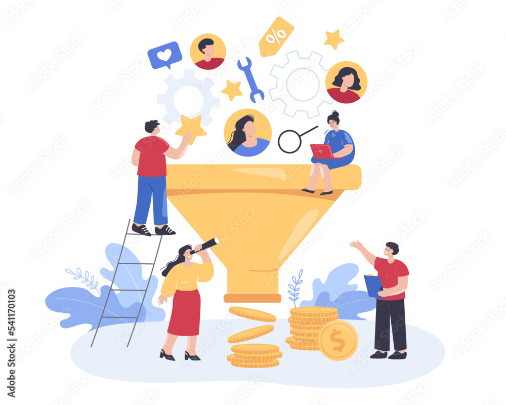 Tiny people on huge marketing funnel flat vector illustration. Cartoon characters working on customer acquisition, attracting followers in social media. SEO, business strategy concept Tiny people on huge marketing funnel flat vector illustration. Cartoon characters working on customer acquisition, attracting followers in social media. SEO, business strategy concept