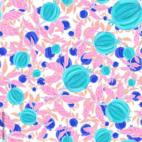 Creative seamless pattern with fruits: lemons, oranges, grapes and pomegranat...