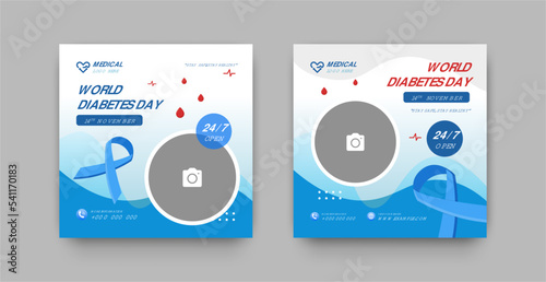 Diabetes awareness social media post template, Modern design with blue and white color and vector illustration with ribbon and blood drop, Usable for social media. 