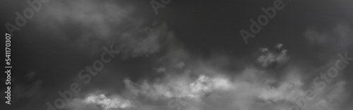 Smoke, fog, clouds or sky monochrome background. Realistic cloudy texture, black and white spooky mist, smog. haze, cloudy heaven, abstract natural landscape, horizontal backdrop, Vector illustration
