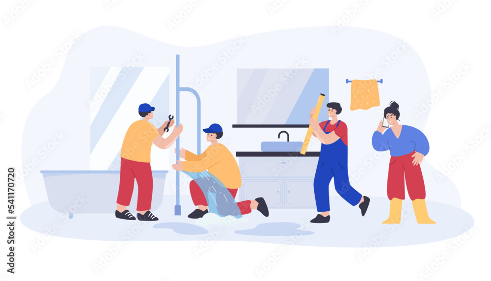 Help from team of plumbers to fix leaking pipe in home bathroom. Male workers with mechanic tools fixing problem, woman calling repair service on phone flat vector illustration. Plumbing concept Help from team of plumbers to fix leaking pipe in home bathroom. Male workers with mechanic tools fixing problem, woman calling repair service on phone flat vector illustration. Plumbing concept