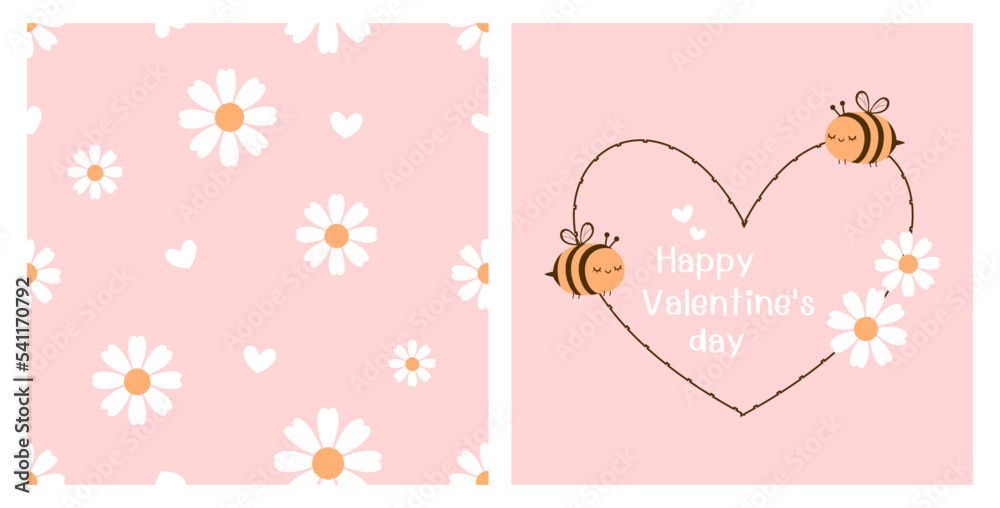 Seamless pattern with daisy flower and white hearts on pink background. Happy Valentine's day card with heart sign, bee cartoons and hand written fonts vector illustration.
