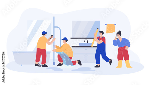 Help from team of plumbers to fix leaking pipe in home bathroom. Male workers with mechanic tools fixing problem, woman calling repair service on phone flat vector illustration. Plumbing concept