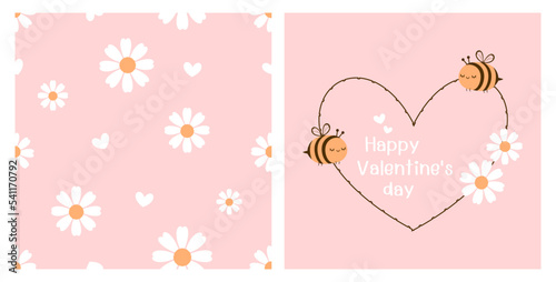 Seamless pattern with daisy flower and white hearts on pink background. Happy Valentine's day card with heart sign, bee cartoons and hand written fonts vector illustration.
