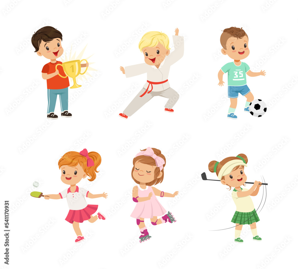 Pretty Little Boy and Girl Playing Sport Game Like Football, Golf, Roller Skating, Tennis and Karate Vector Set Pretty Little Boy and Girl Playing Sport Game Like Football, Golf, Roller Skating, Tennis and Karate Vector Set
