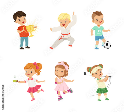 Pretty Little Boy and Girl Playing Sport Game Like Football, Golf, Roller Skating, Tennis and Karate Vector Set
