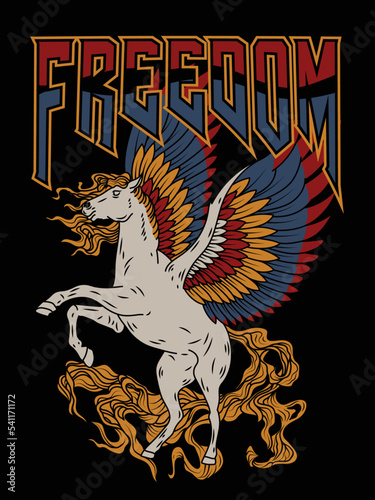 Pegasus with Colourful Wings and Freedom Slogan For Apparel and Other Uses