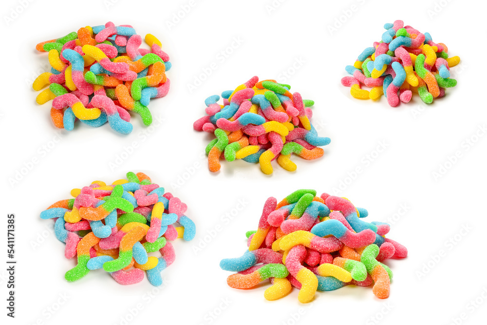 Juicy colorful jelly sweets isolated on white. Gummy candies. Snakes. Juicy colorful jelly sweets isolated on white. Gummy candies. Snakes.