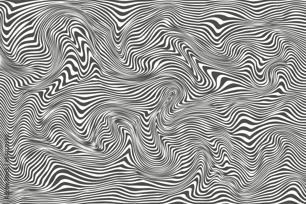 Abstract monochrome stripes of waves. Liquid zebra skin. Distorted fluid grunge illustration. Vector wallpaper