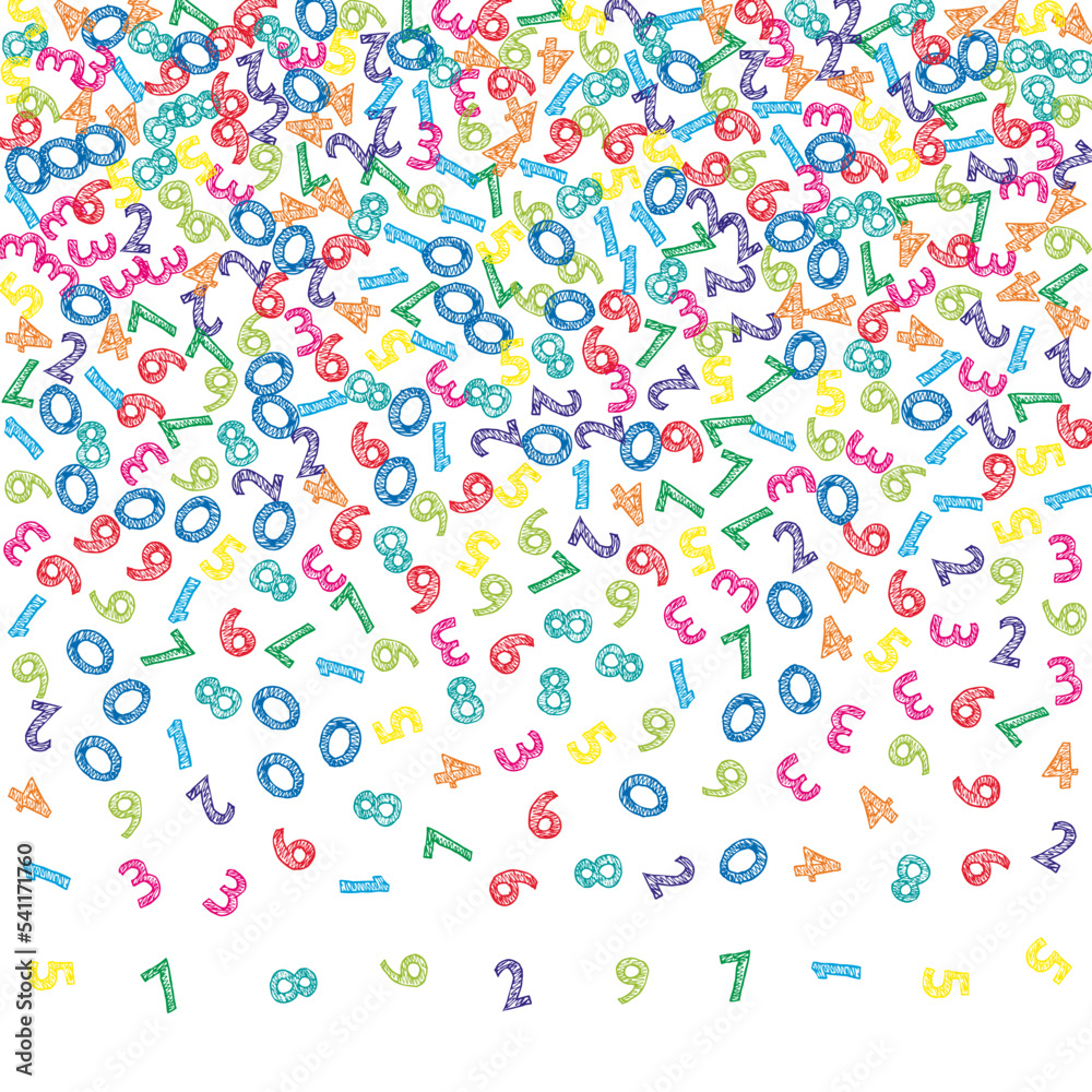 Falling colorful sketch numbers. Math study concept with flying digits. Uncommon back to school mathematics banner on white background. Falling numbers vector illustration. Falling colorful sketch numbers. Math study concept with flying digits. Uncommon back to school mathematics banner on white background. Falling numbers vector illustration.