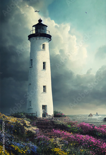Weißer Leuchtturm an der Küste einer Insel voller Blumen im impressonistischen Stil
