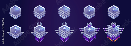 Set of game rank icons isolated on dark blue background. Collection of hexagonal silver, platinum or steel medals decorated with shiny metal stars and wings. Level trophy badges. Vector illustration