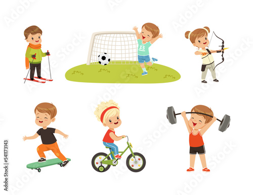 Pretty Little Boy and Girl Playing Sport Game Like Football, Skiing, Shooting with Bow, Lifting Barbell, Riding Bicycle and Skateboarding Vector Set