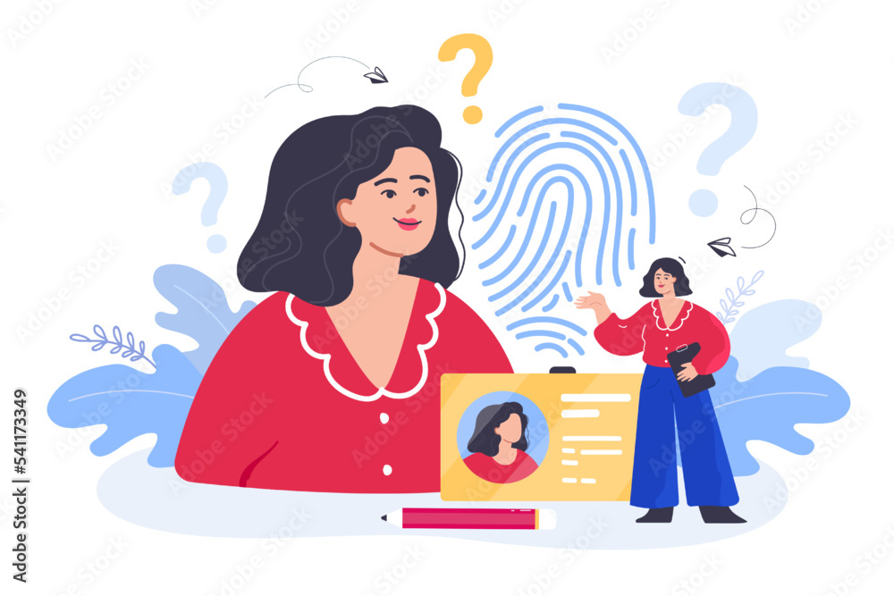 Tiny woman standing near id card flat vector illustration. Fingerprint in background. Business identification card for entering office. Personality, personal identity, safety concept Tiny woman standing near id card flat vector illustration. Fingerprint in background. Business identification card for entering office. Personality, personal identity, safety concept