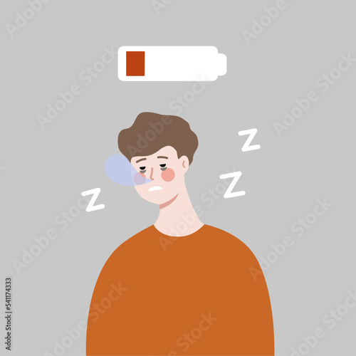 Tired man with low battery above head. Sleepy Boy with dark circles under eyes falling asleep. Burnout, energy, overwork, heavy workload, lifestyle concept. Flat cartoon vector design illustration.