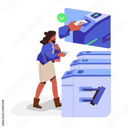 Passenger passing turnstile entrance, checking electronic card. Woman going through tourniquet. Access with ID control. Entry with stiles. Flat graphic vector illustration isolated on white background