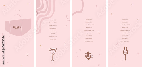 Drinks menu. Vector template. Minimalism style. Abstract forms, stylized images of glasses for rose and red wine, martini, coffee and tea. Lines, terrazzo, grunge. Pink pastel color. List, flyer
