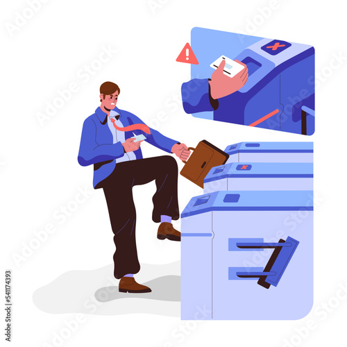 Passenger passing turnstile entrance. Access denied, rejected. Man checking electronic card at stiles. Person going through tourniquet. Flat graphic vector illustration isolated on white background