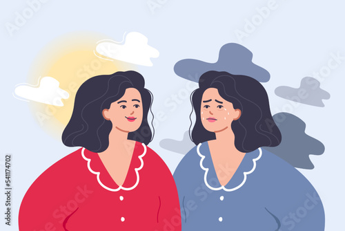Woman with bipolar disorder flat vector illustration. Portraits of sad girl crying under rain and smiling under sun, split of personality. Psychological problem, mental health, psychology concept