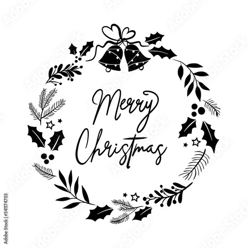 Christmas floral wreath. Merry Christmas greeting badge vector. Perfect design for greeting cards, posters, T-shirts, banners, print invitations. Vector hand drawn Christmas card.